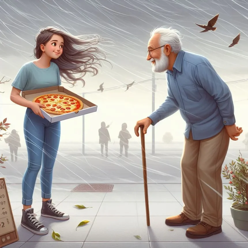 A girl wants to eat pizza and olderman standing between winds and talking to her